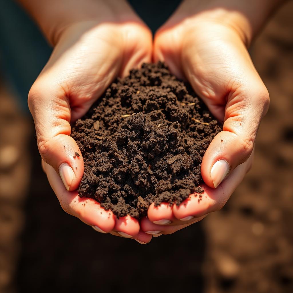 Hands cupping rich, dark finished compost